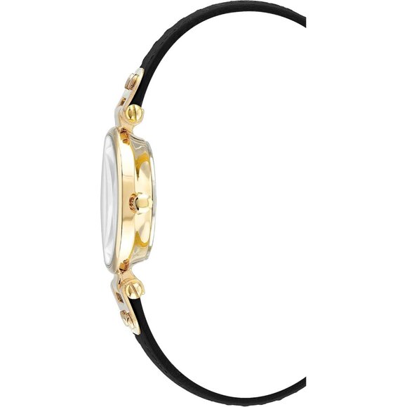 Women\'s Black/Gold Domed Mineral Crystal Lens Leather Strap Closure Watch main image 5